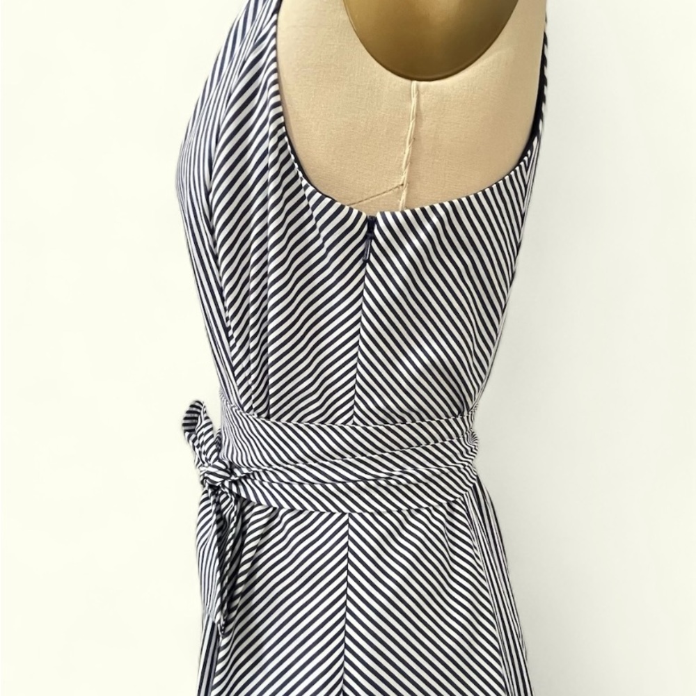 Blue and white racerback pinstriped sundress, full skirt belted tie waist - Picture 2 of 5